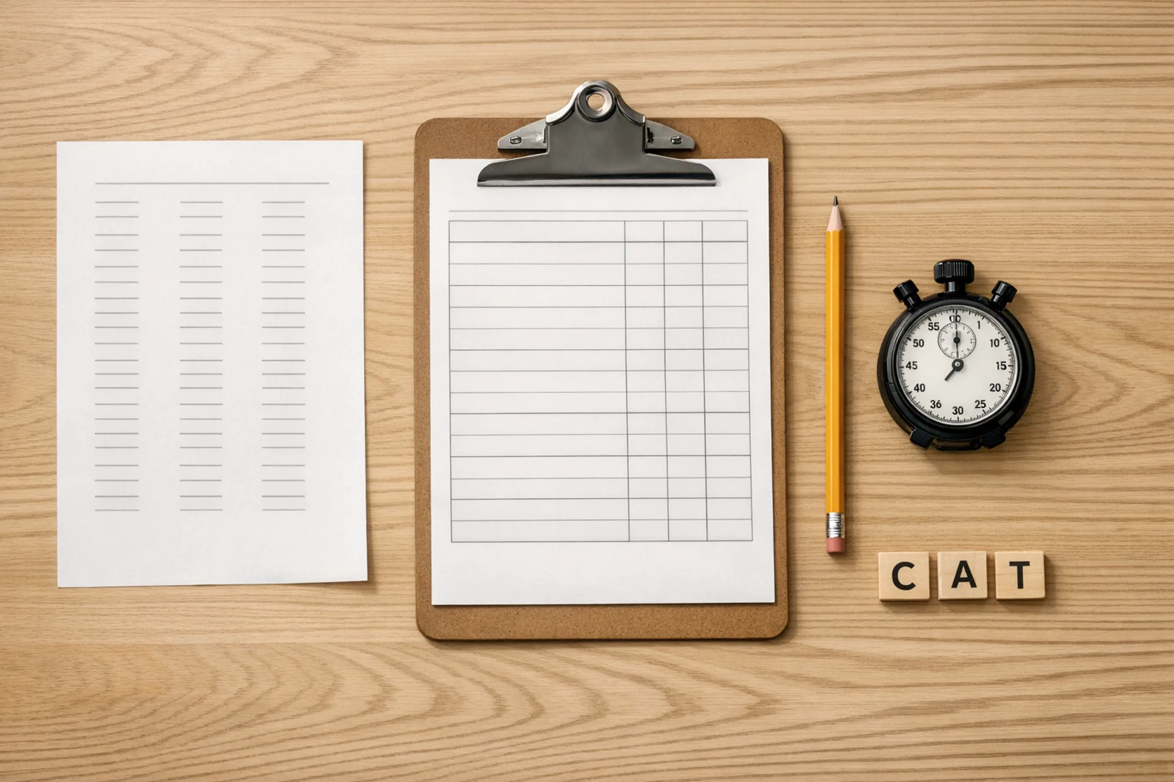Assessment materials laid out on a desk: a word list, a record sheet, a pencil and a stopwatch