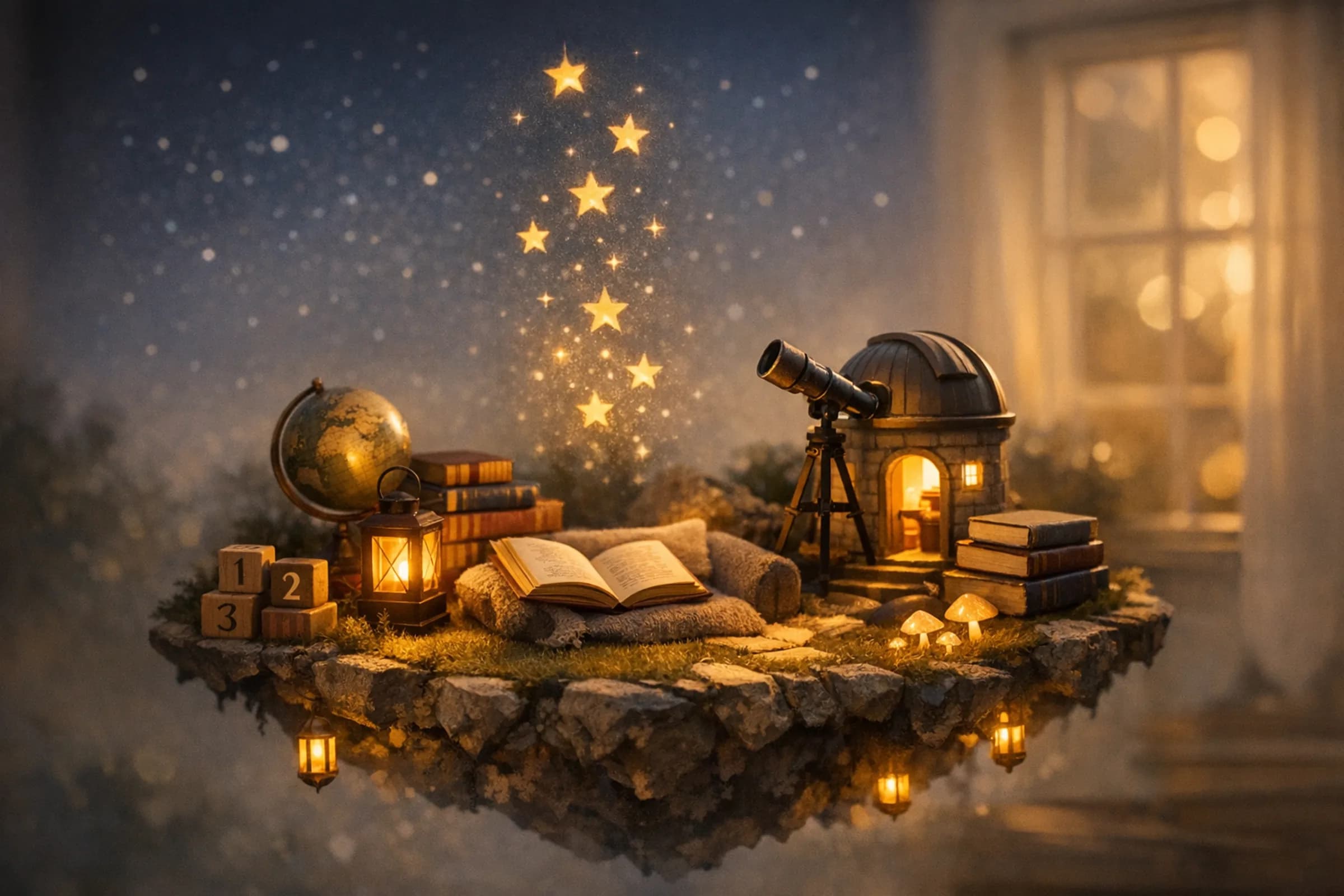 Illustration of a glowing floating island with books, a telescope, a globe and gold stars at dusk