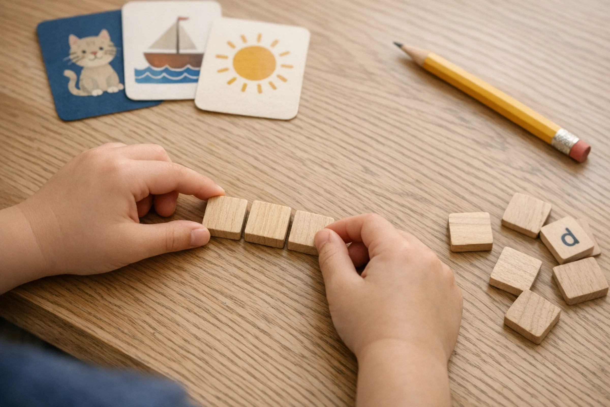 A child’s hands arranging wooden letter tiles beside picture cards