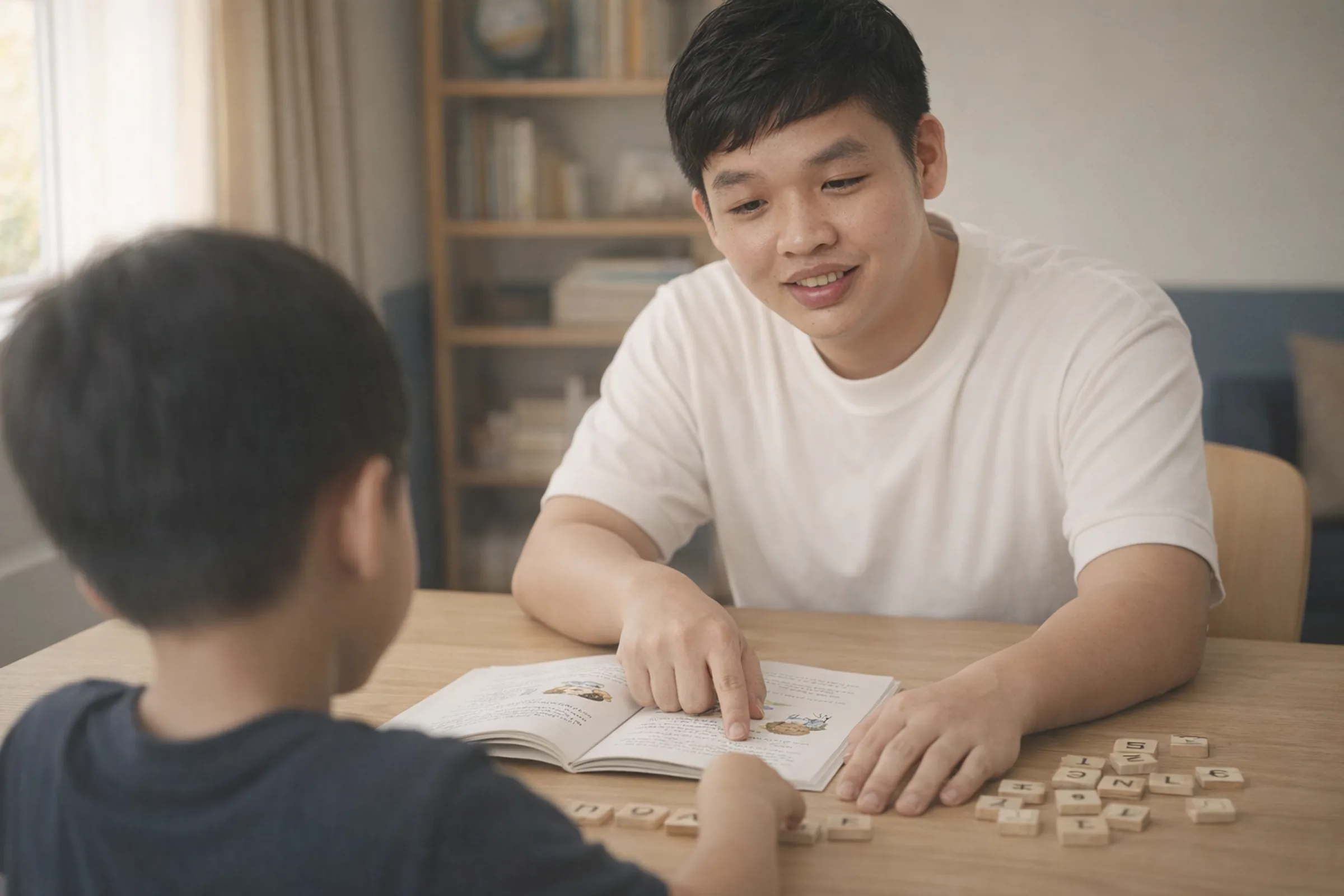 Kevin Sheng pointing to a word in a reading book beside a child seen from behind