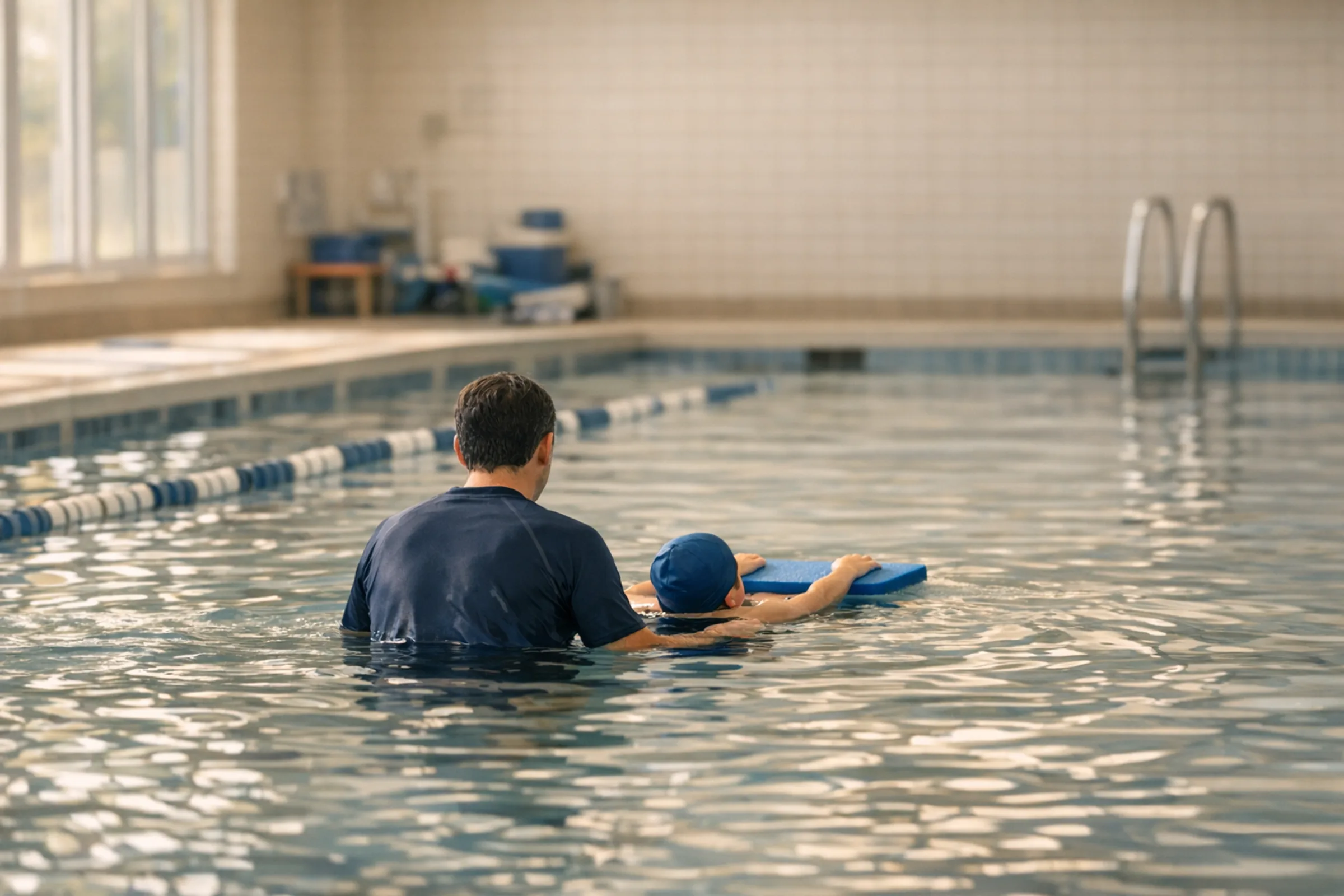 A swimming coach supporting a child with a float, seen from behind